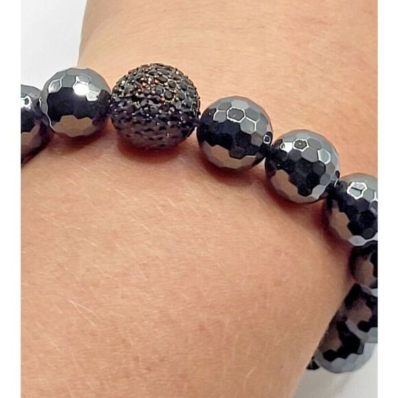 Faceted Hematite Disco Ball Chunky Bracelet Slide Knot 6-10in - Picture 1 of 4